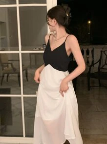 DAZY Váy yếm hở lưng Colorblock Đầm dạ hội dự tiệc cho nữ Đầm dạ hội - Đen và trắng - Xem 7