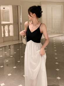 DAZY Váy yếm hở lưng Colorblock Đầm dạ hội dự tiệc cho nữ Đầm dạ hội - Đen và trắng - Xem 8