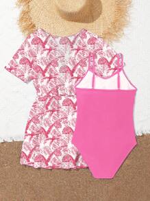 SHEIN 青少年女孩鏤空連體泳衣帶熱帶圖案和服罩衫 - 彩色 - 查看 2