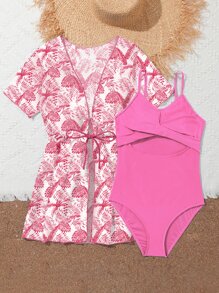 SHEIN 青少年女孩鏤空連體泳衣帶熱帶圖案和服罩衫 - 彩色 - 查看 5