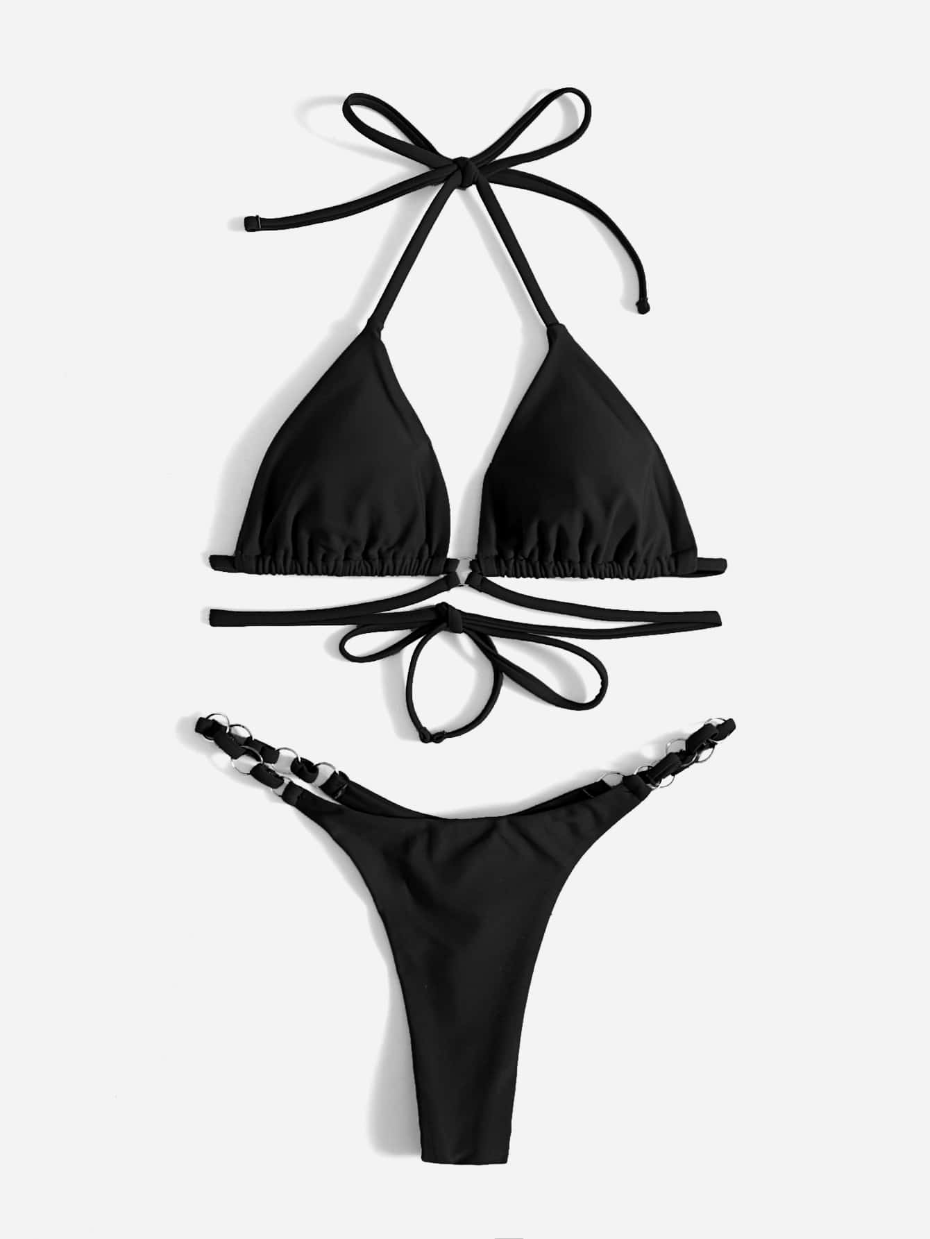 SHEIN Swim Solid Triangle Bikini Set For Summer Beach - Black - View 1