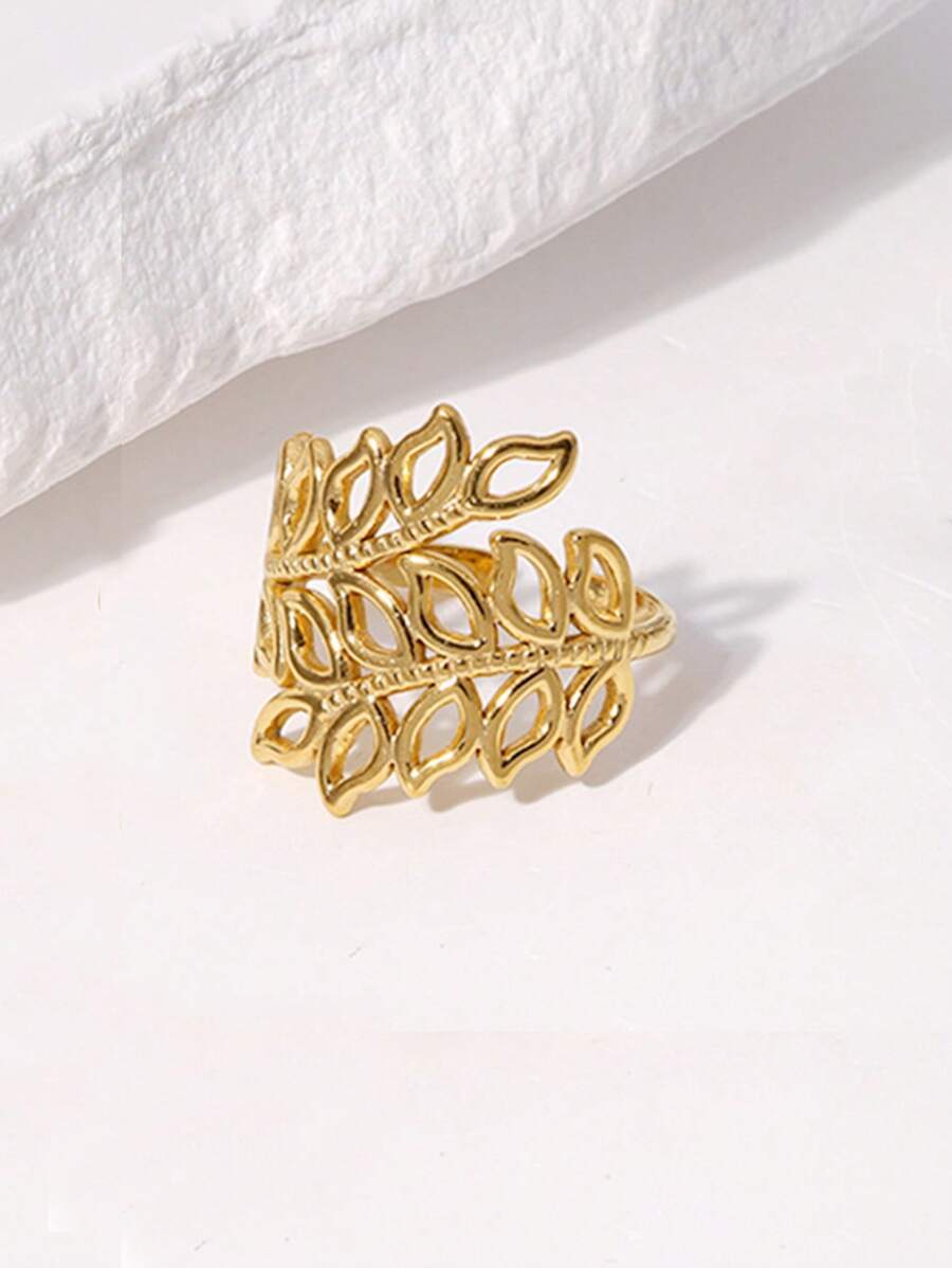 Anillo abierto con diseño de hoja - Amarillo Oro - Ver 1