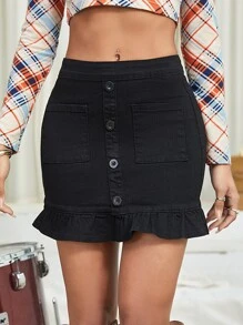 Solid Button Front Ruffle Hem Bodycon Denim Skirt - Black - View 1