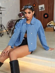 Drop Shoulder Studded Detail Denim Jacket - Medium Wash - View 4