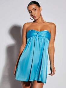 SHEIN BAE Solid Satin Tube Dress - Mint Blue - View 5