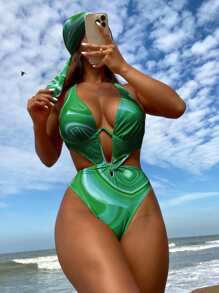 Swim SXY 滿版印花鏤空吊脖連體泳衣帶方巾