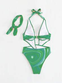 Swim SXY 滿版印花鏤空吊脖連體泳衣帶方巾