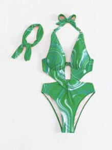 Swim SXY 滿版印花鏤空吊脖連體泳衣帶方巾