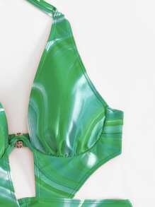 Swim SXY 滿版印花鏤空吊脖連體泳衣帶方巾