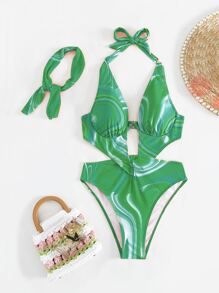 Swim SXY 滿版印花鏤空吊脖連體泳衣帶方巾