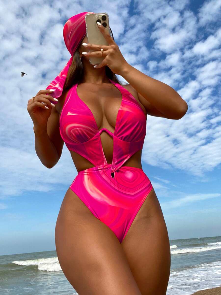 BamGleam Summer Beach Allover Print Cut Out Halter One Piece Swimsuit With Bandana - Hot Pink - View 1
