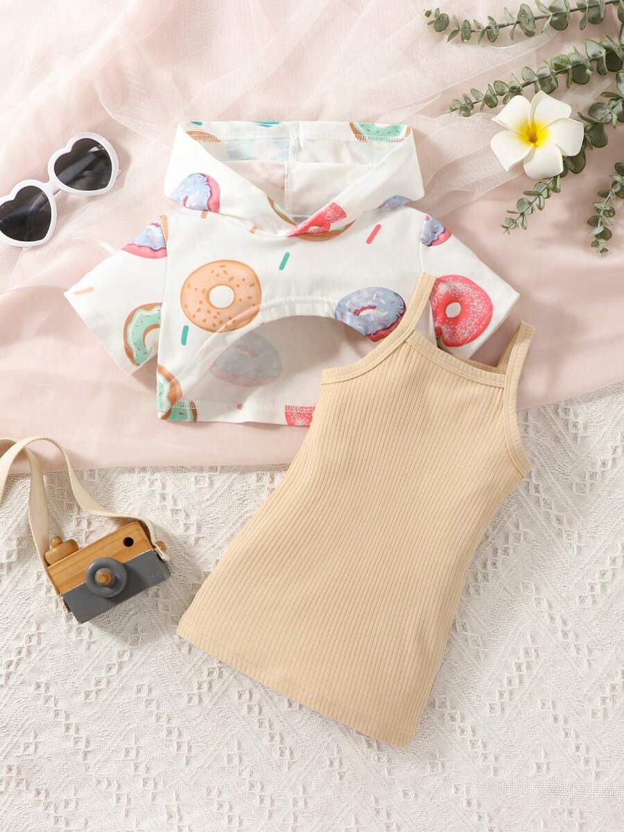 嬰兒甜甜圈印花連帽前短後長T恤和吊帶連衣裙 - 彩色 - 查看 1