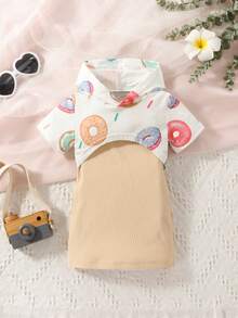 嬰兒甜甜圈印花連帽前短後長T恤和吊帶連衣裙 - 彩色 - 查看 3