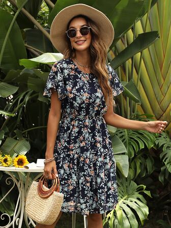 Floral Print Butterfly Sleeve Dress