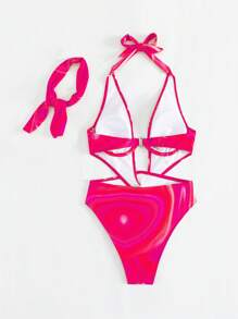 BamGleam Summer Beach Allover Print Cut Out Halter One Piece Swimsuit With Bandana - Hot Pink - View 2