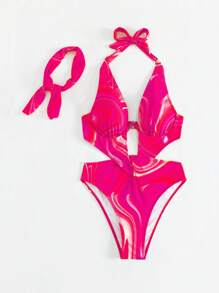 BamGleam Summer Beach Allover Print Cut Out Halter One Piece Swimsuit With Bandana - Hot Pink - View 3
