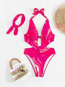 BamGleam Summer Beach Allover Print Cut Out Halter One Piece Swimsuit With Bandana - Hot Pink - View 5