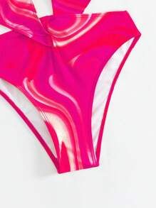 BamGleam Summer Beach Allover Print Cut Out Halter One Piece Swimsuit With Bandana - Hot Pink - View 6