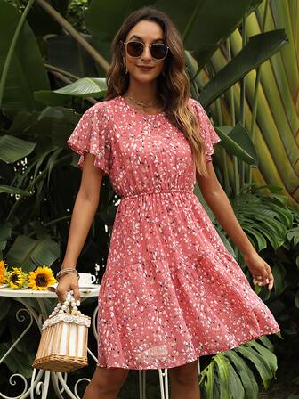 Vestido con estampado de manga mariposa