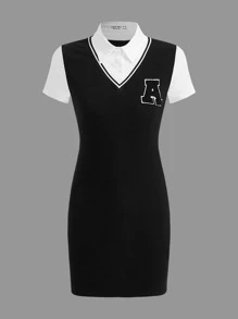 SHEIN Teen Girls Letter Patched 2 In 1 Dress - Black - View 1