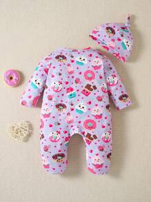 SHEIN 舒適可愛的卡通甜甜圈印花嬰兒女孩連腳睡衣 - 紫色 - 查看 2