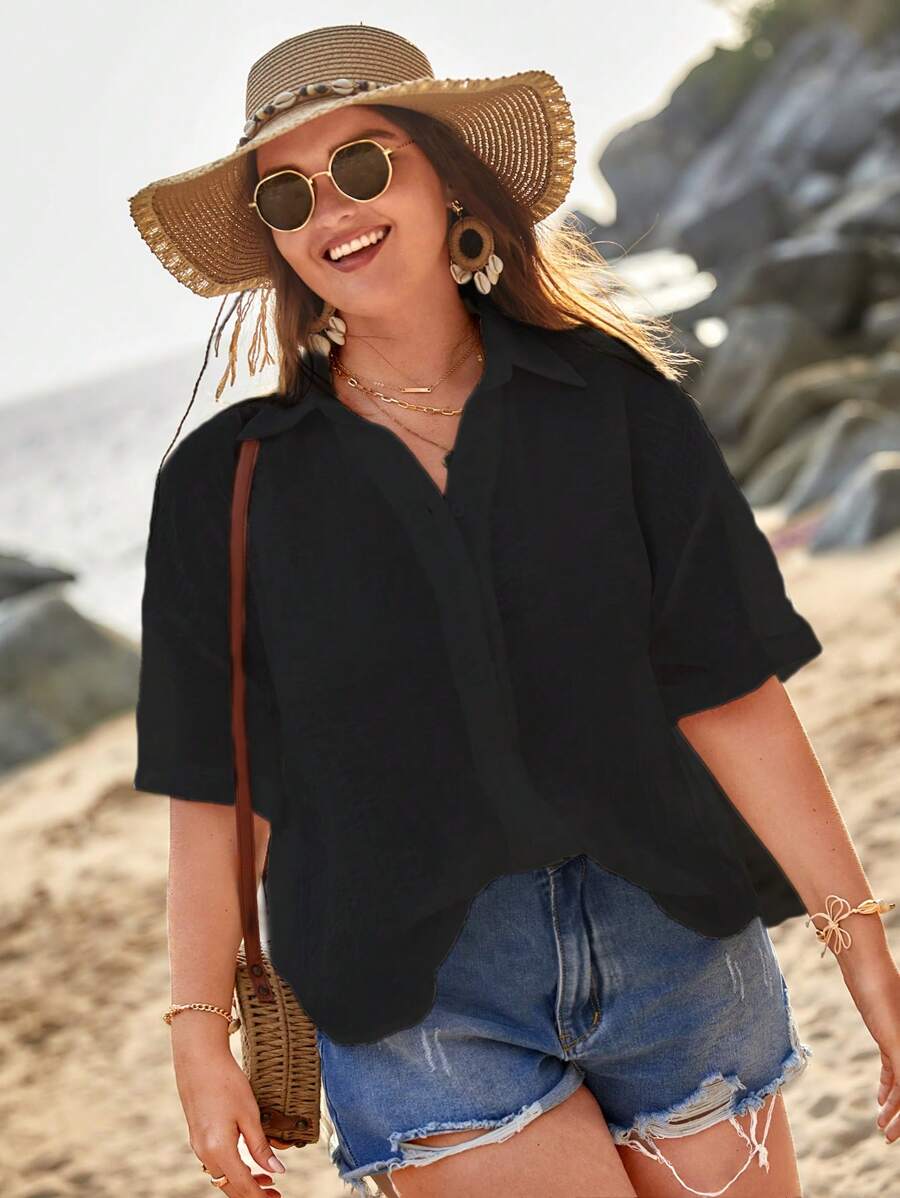 SHEIN VCAY Áo sơ mi Plus Size Nút phía trước màu trơn Giải trí - màu đen - Xem 1