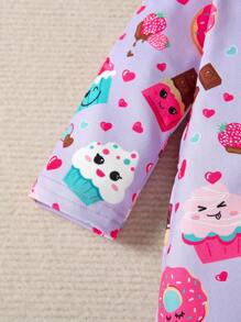 SHEIN 舒適可愛的卡通甜甜圈印花嬰兒女孩連腳睡衣 - 紫色 - 查看 4