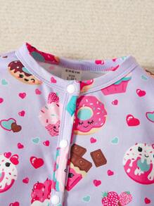 SHEIN 舒適可愛的卡通甜甜圈印花嬰兒女孩連腳睡衣 - 紫色 - 查看 5