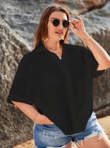 SHEIN VCAY Áo sơ mi Plus Size Nút phía trước màu trơn Giải trí - màu đen - Xem 3