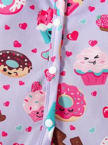 SHEIN 舒適可愛的卡通甜甜圈印花嬰兒女孩連腳睡衣 - 紫色 - 查看 6