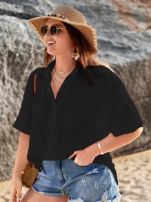 SHEIN VCAY Áo sơ mi Plus Size Nút phía trước màu trơn Giải trí - màu đen - Xem 5