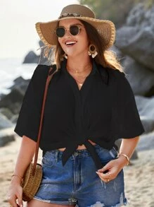 SHEIN VCAY Áo sơ mi Plus Size Nút phía trước màu trơn Giải trí - màu đen - Xem 6