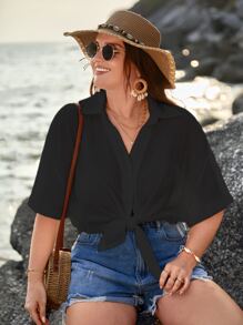 SHEIN VCAY Áo sơ mi Plus Size Nút phía trước màu trơn Giải trí - màu đen - Xem 7