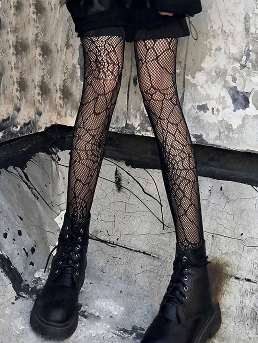 1双女式蜘蛛网图案时尚渔网紧身裤，适合春夏季和万圣节 - 黑色 - 查看 1