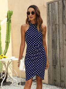 波點圖案褶邊鬱金香下擺掛脖連衣裙 - 藍白色 - 查看 1