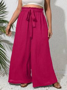 SHEIN VCAY Plus Paperbag Waist Belted Wide Leg Trousers - Hot Pink - View 1