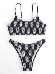 SHEIN Swim Summer Plaid Print Smocked Bikini Set - Black and White - View 3