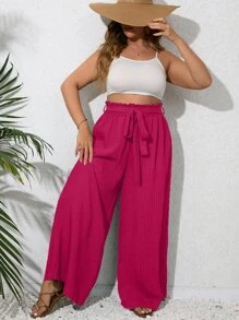 SHEIN VCAY Plus Paperbag Waist Belted Wide Leg Trousers - Hot Pink - View 3
