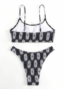 SHEIN Swim Summer Plaid Print Smocked Bikini Set - Black and White - View 2