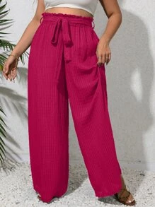 SHEIN VCAY Plus Paperbag Waist Belted Wide Leg Trousers - Hot Pink - View 4