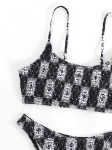 SHEIN Swim Summer Plaid Print Smocked Bikini Set - Black and White - View 4