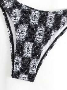 SHEIN Swim Summer Plaid Print Smocked Bikini Set - Black and White - View 5