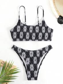 SHEIN Swim Summer Plaid Print Smocked Bikini Set - Black and White - View 6