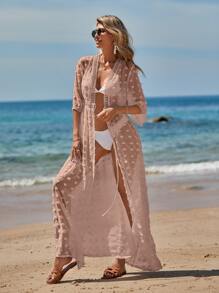 Swim Vcay 蕾絲拼接前繫帶和服罩衫不附帶比基尼套裝 - 粉色 - 查看 4