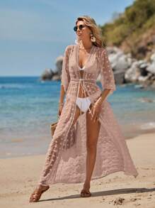 Swim Vcay 蕾絲拼接前繫帶和服罩衫不附帶比基尼套裝 - 粉色 - 查看 3