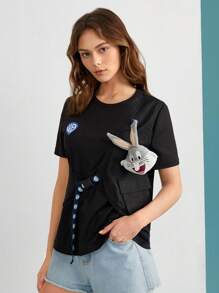 Warner Bros 100 Years X SHEIN 1入組字母圖案帶扣細節T恤帶兔子玩偶 - 黑色 - 查看 4