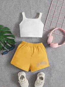 SHEIN 嬰兒素色背心上衣和字母圖案短褲 - 黃色 - 查看 1