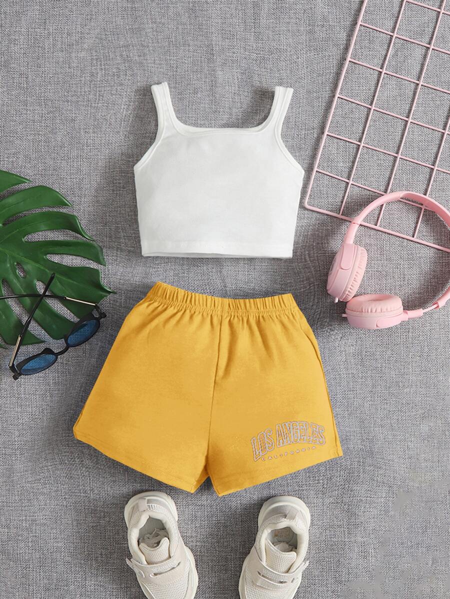 SHEIN 嬰兒素色背心上衣和字母圖案短褲 - 黃色 - 查看 1
