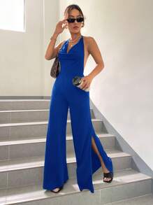 SHEIN Essnce 後背繫帶高衩繞頸連體褲 - 藍色 - 查看 5