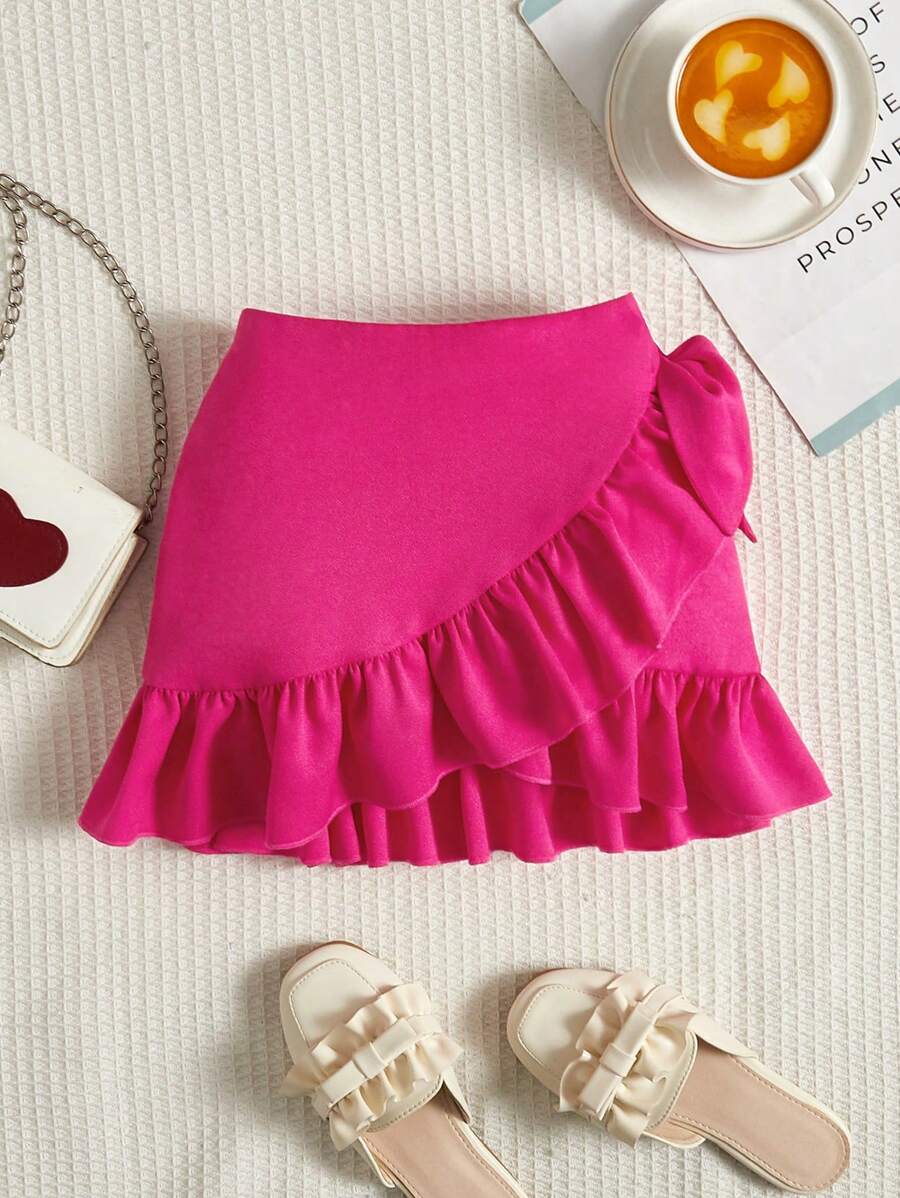 SHEIN Váy bé gái Thắt nút Viên lá sen Trọn gói màu trơn Dễ thương - Màu Hồng Tươi - Xem 1